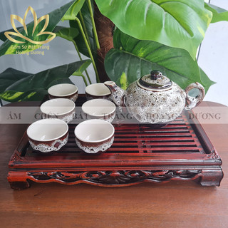 Bộ ấm chén trà Bát Tràng men gấm quai xoắn 260ml kèm khay