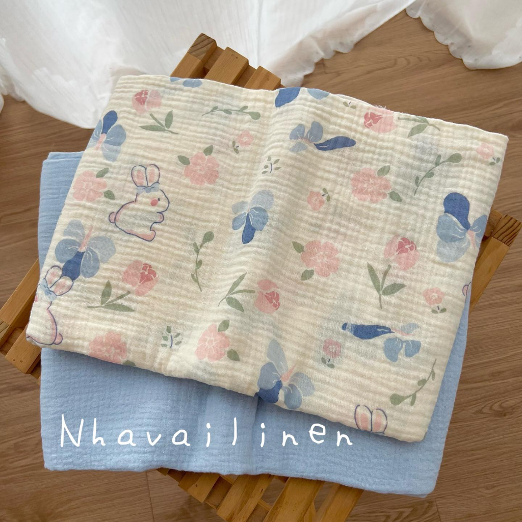 Vải xô muslin cao cấp 2 lớp hoạ tiết thỏ xanh hồng mềm mịn thấm hút mồ hôi - Nhà vải linen