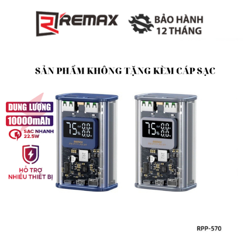 Pin dự phòng sạc nhanh Remax RPP-570 10000mAh sạc nhanh QC3.0 PD 20W thiết kế trong suốt