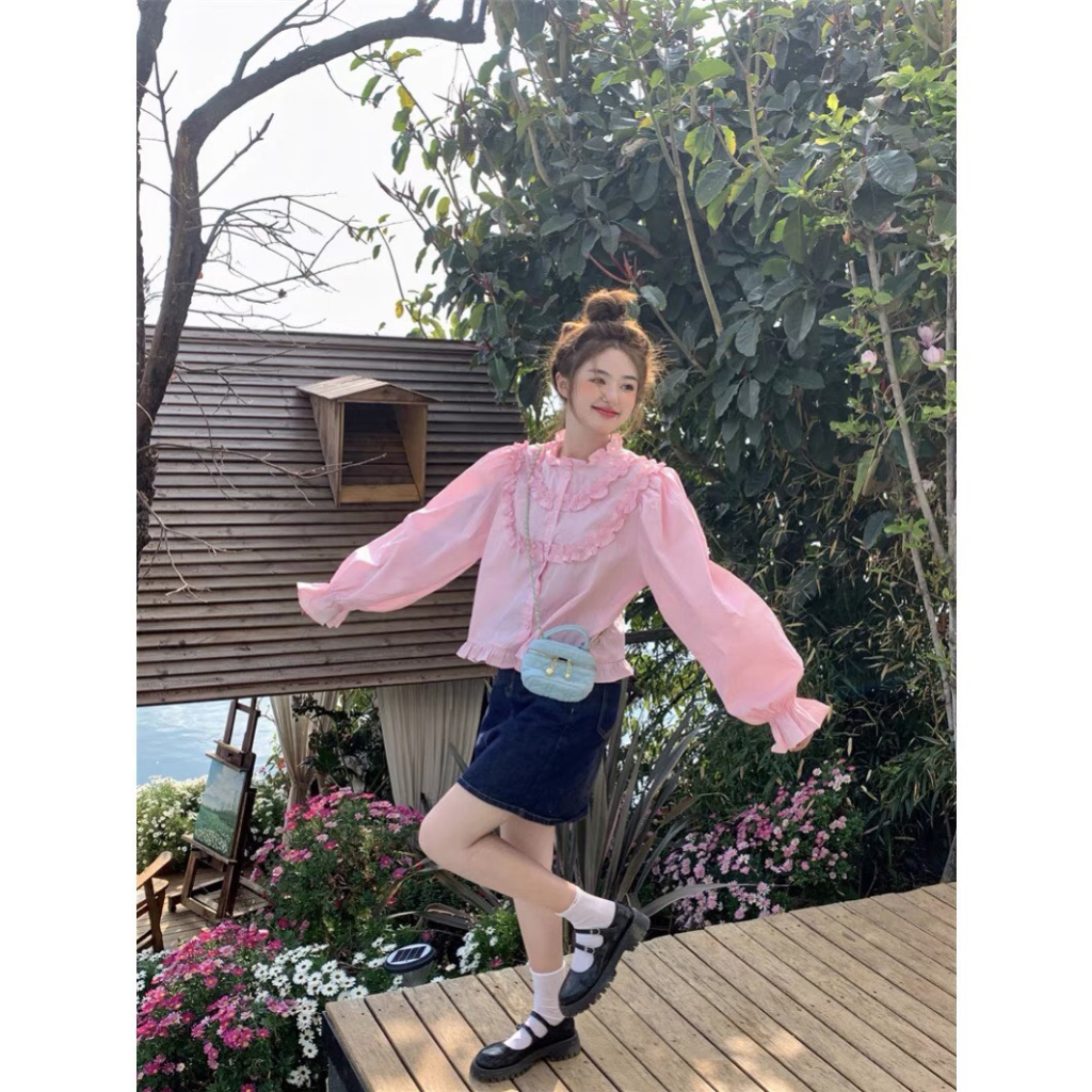 Áo sơ mi viền bèo tay dài tiểu thư nhí nhảnh  N923