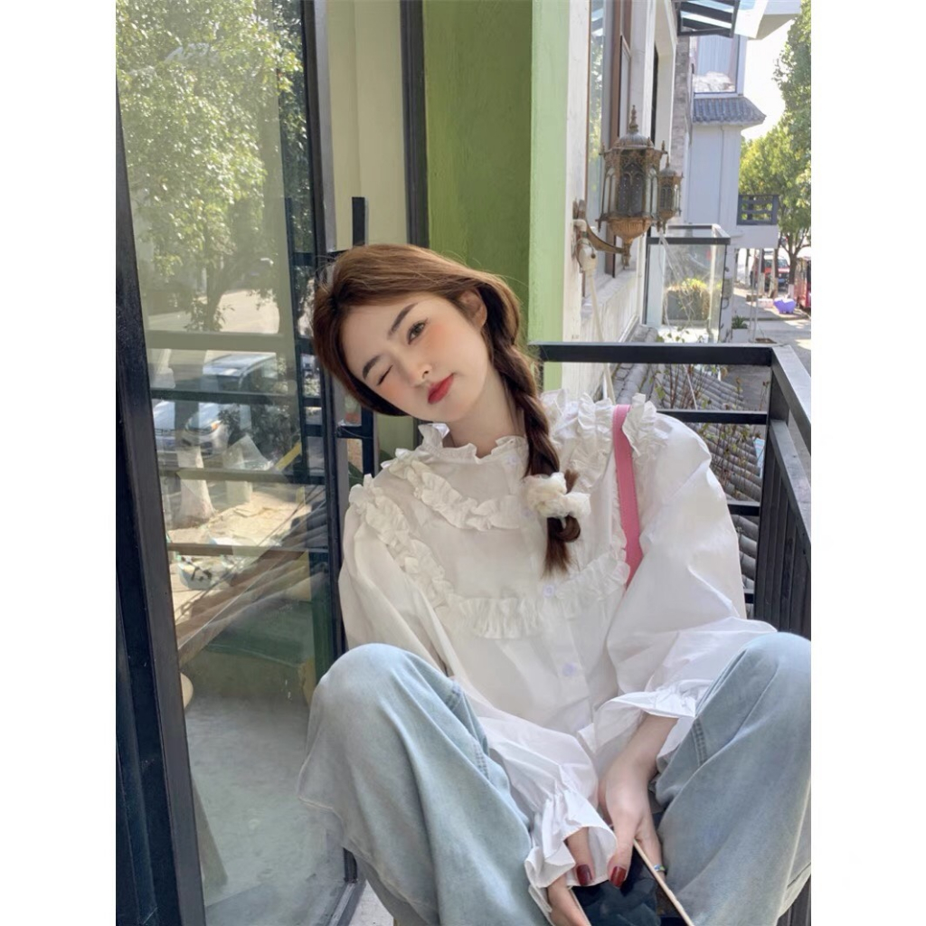 Áo sơ mi viền bèo tay dài tiểu thư nhí nhảnh  N923