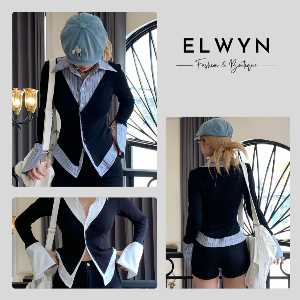 Áo thun đen phối sơ mi sọc xanh & trắng siêu tôn dáng ELWYN EL45