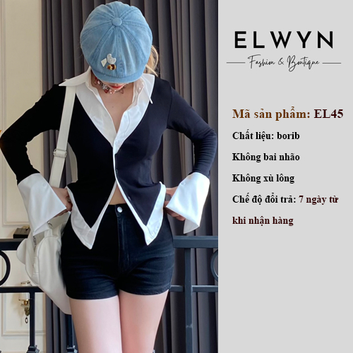 Áo thun đen phối sơ mi sọc xanh & trắng siêu tôn dáng ELWYN EL45