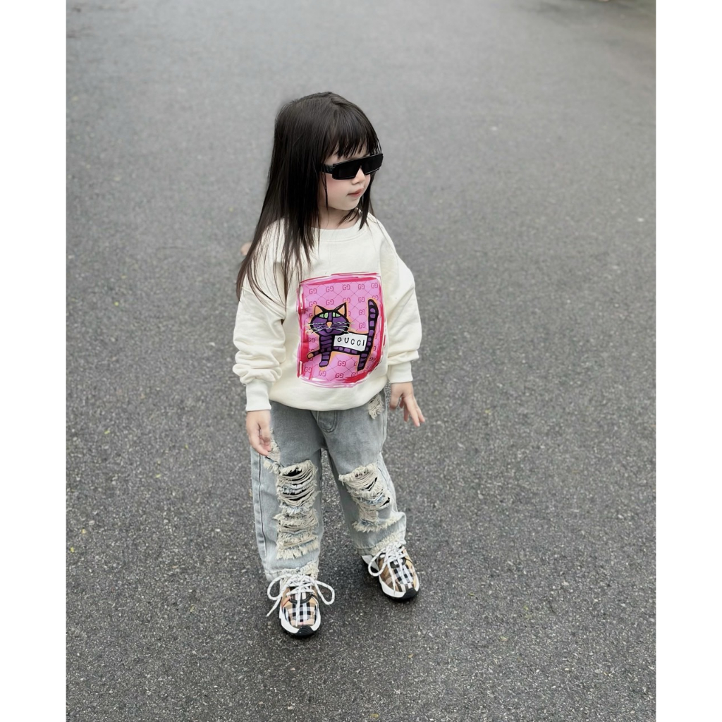 Áo nỉ cổ tròn cho bé hình gucxi cat pink, áo sweater cho bé,TP KIDS,