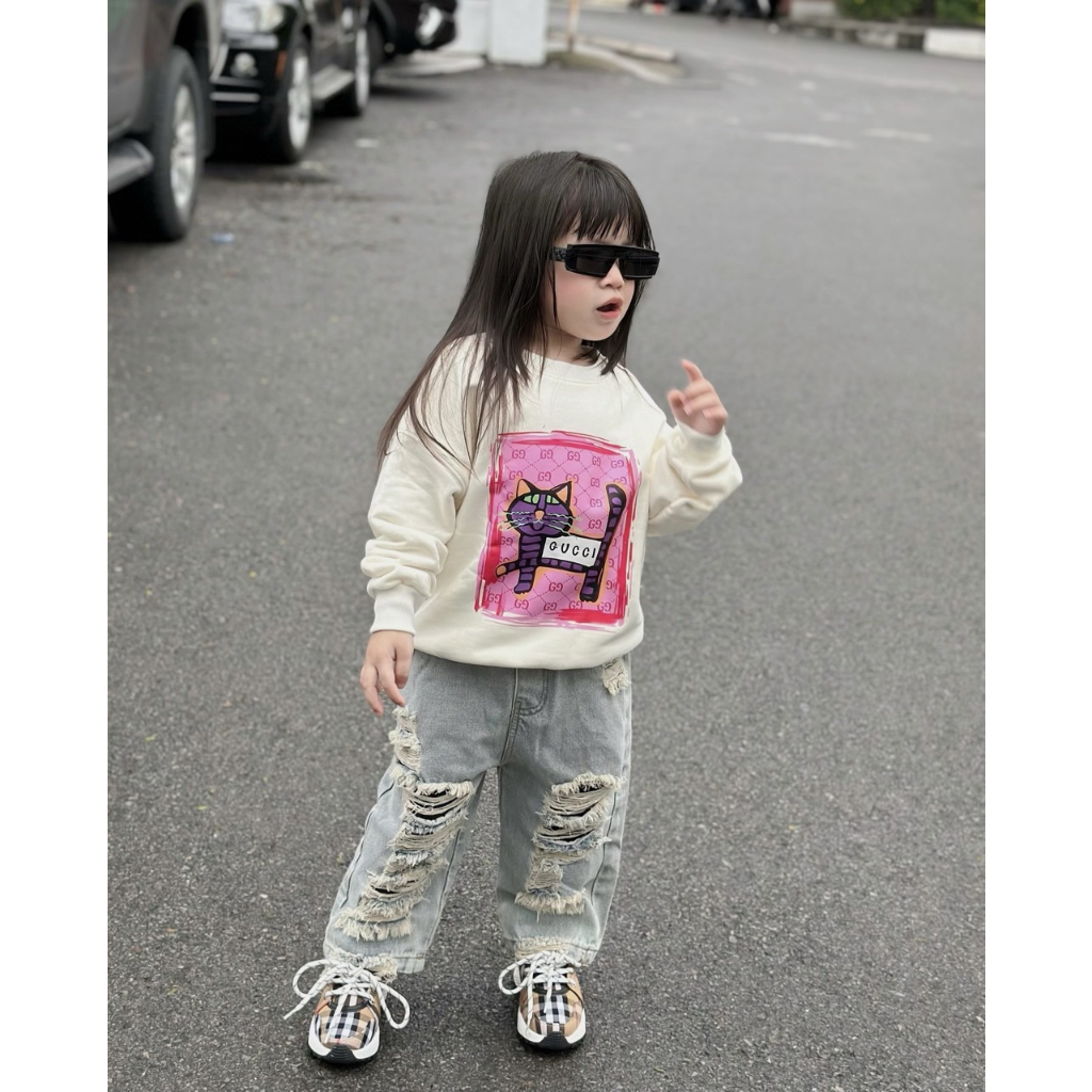 Áo nỉ cổ tròn cho bé hình gucxi cat pink, áo sweater cho bé,TP KIDS,
