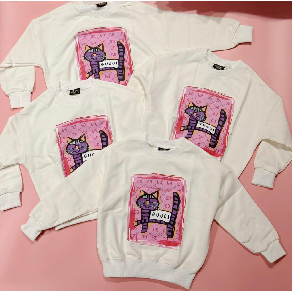 Áo nỉ cổ tròn cho bé hình gucxi cat pink, áo sweater cho bé,TP KIDS,