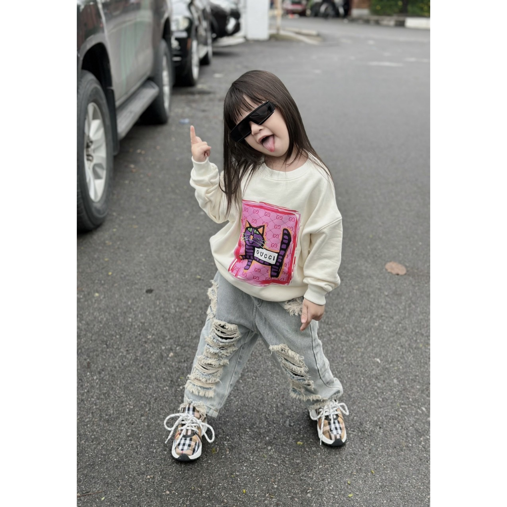 Áo nỉ cổ tròn cho bé hình gucxi cat pink, áo sweater cho bé,TP KIDS,[M482]