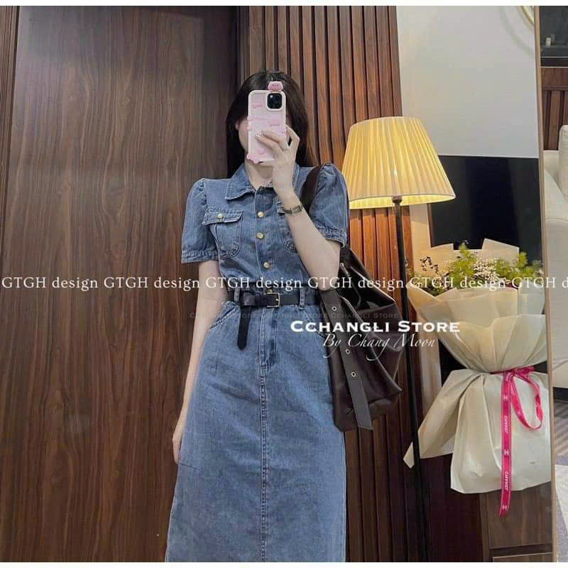 Đầm jean dáng dài tặng kèm dây thắt lưng,đầm midi dáng A túi hộp cực chất, đầm nữ đi chơi dự tiệc