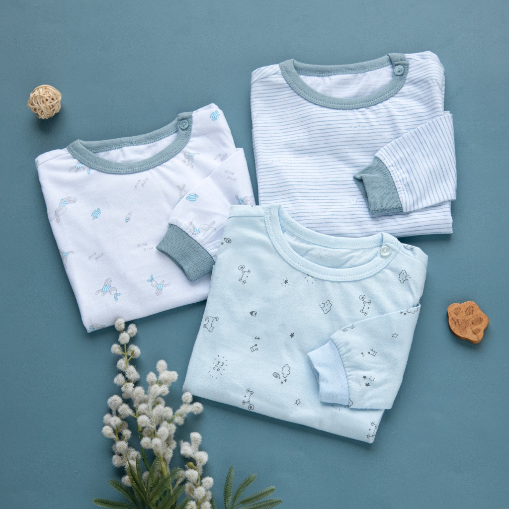 Combo 3 Áo Tay Dài, Nút Vai MIOMIO Vải Cotton Cho Bé Trai,Gái, Họa tiết Thỏ,Sọc,MèoMây Thoáng Mát Dễ Chịu