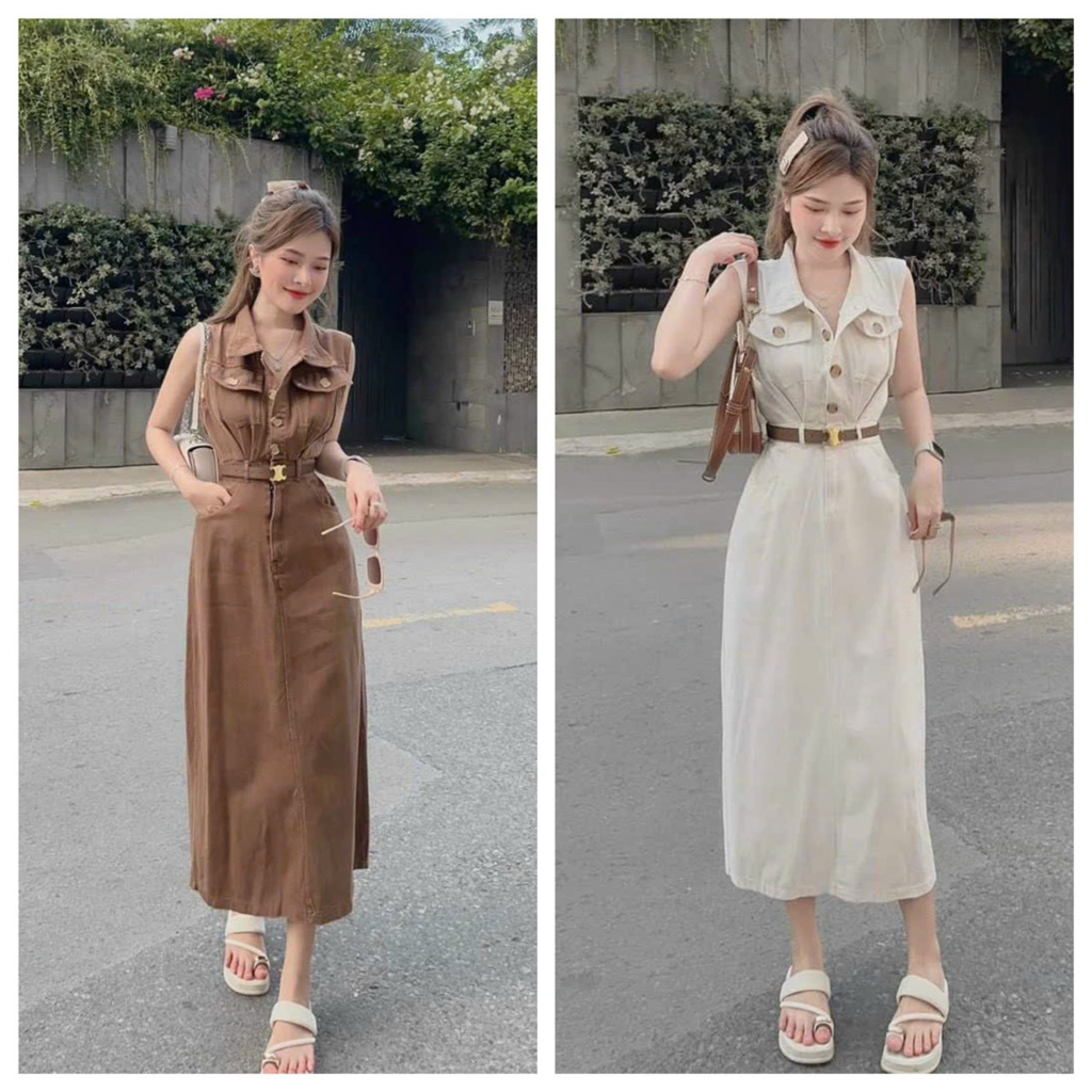 Đầm Váy Nữ Kaki Dáng Dài Cổ Sơ Mi Sát Nách Cài Nút Ngực Đắp Túi Nắp Chất Liệu Dày Dặn ( Có Kèm Nịt)