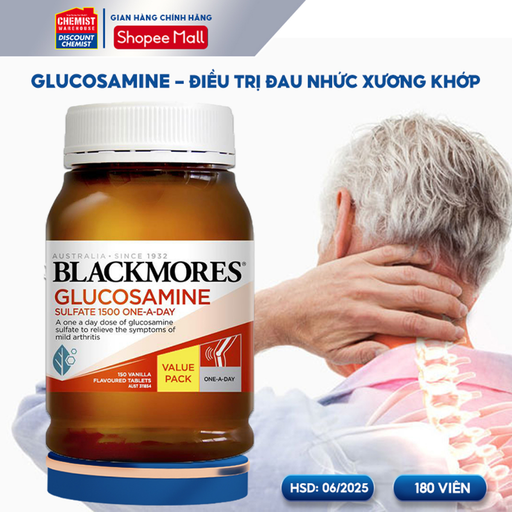 Viên uống bổ xương khớp Glucosamine 1500mg Blackmores của Úc, giảm đau xương khớp hộp 180 viên