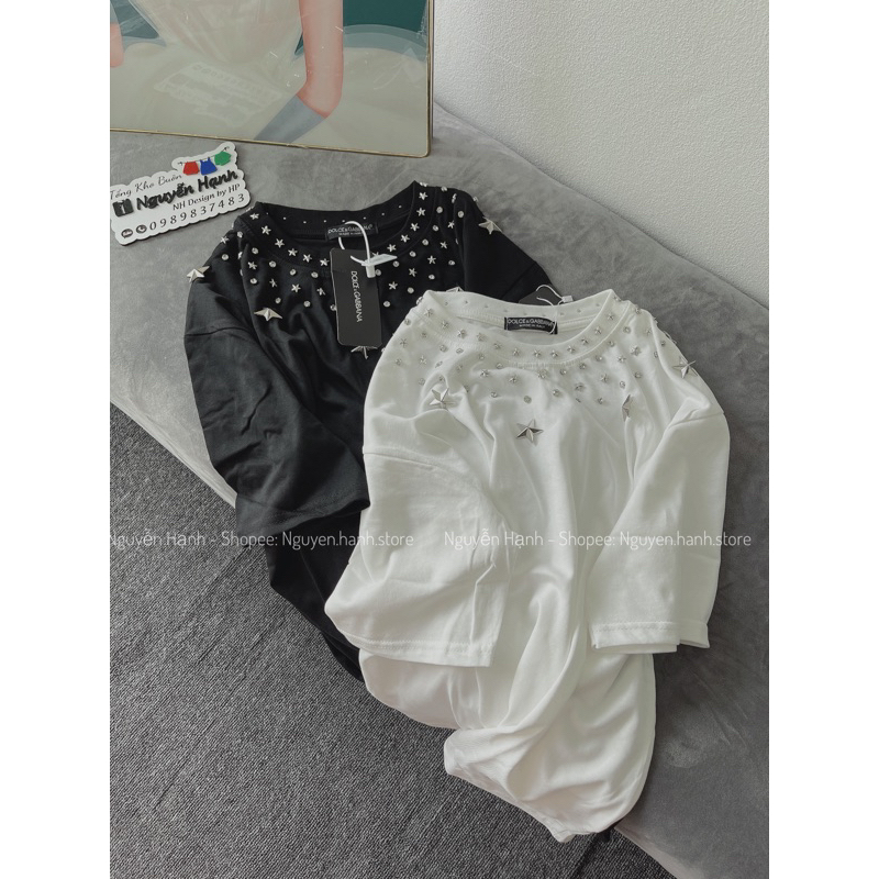 Set Áo Phông Bo Cổ Tròn Nạm Full Đá Đính Ngôi Sao Nổi Mix Chân Váy Jeans Thêu X