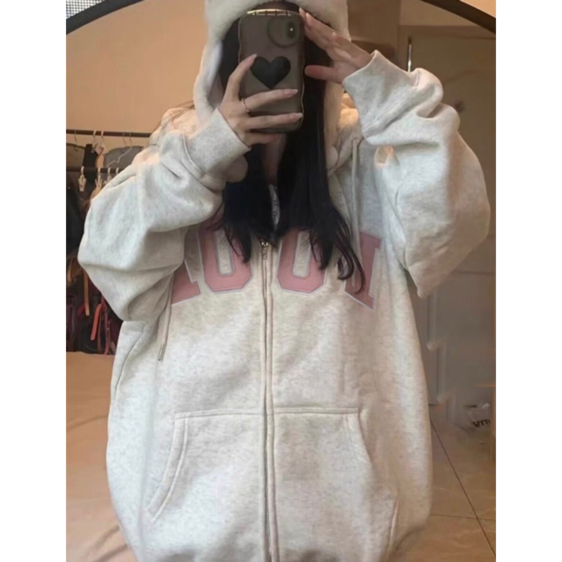 Áo hoodie form rộng mũ 2 lớp tay phồng chất nỉ bông phối thêu da hồng chữ LOOK khoá zip dây rút