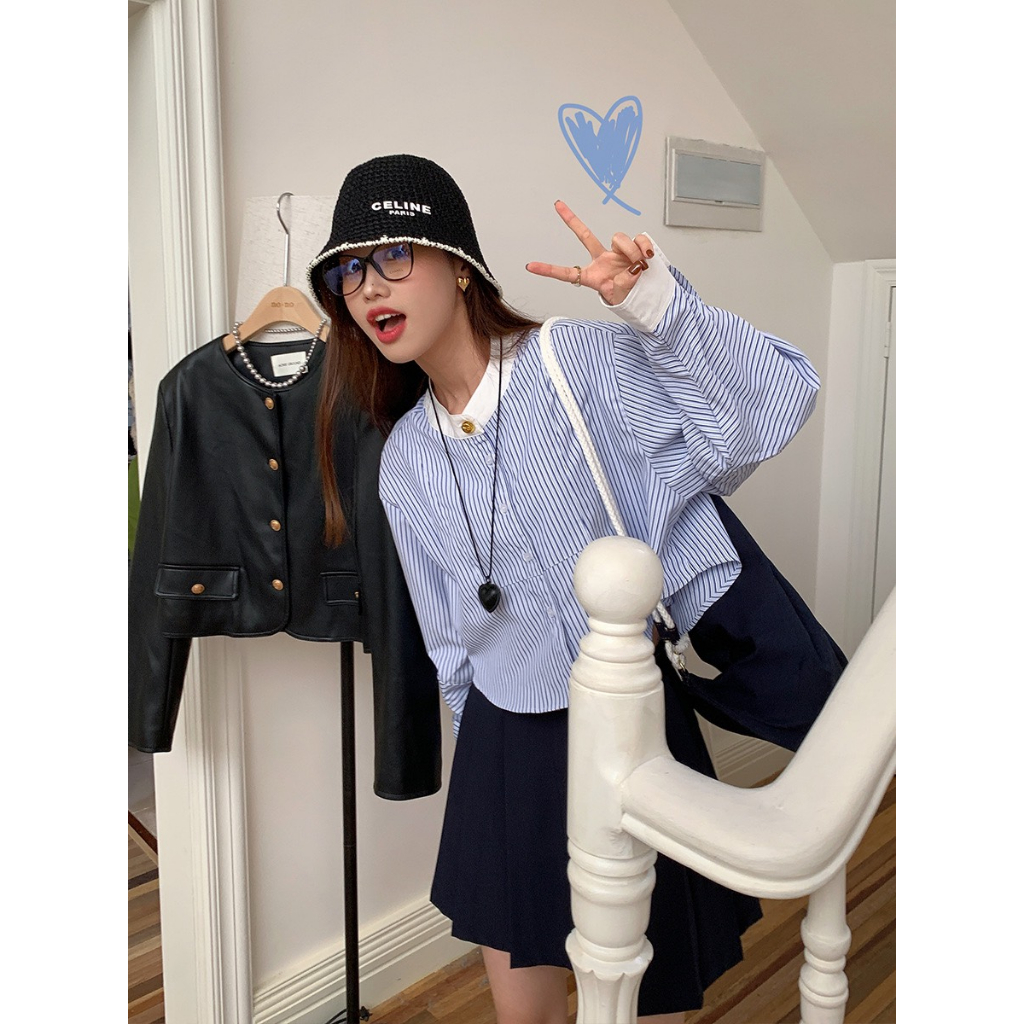 Sơmi kẻ cổ tầu dáng croptop ASW2192