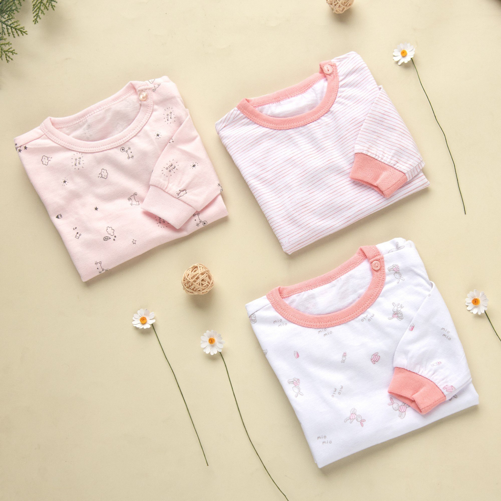 Combo 3 Áo Tay Dài, Nút Vai MIOMIO Vải Cotton Cho Bé Trai,Gái, Họa tiết Thỏ,Sọc,MèoMây Thoáng Mát Dễ Chịu