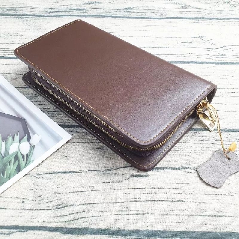 Ví da cầm tay da bò thật nam 2 dây khóa ngoài, sang trọng và đẳng cấp