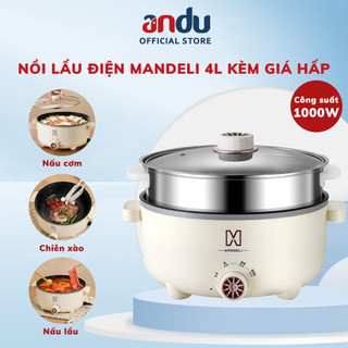 Nồi lẩu điện 2 tầng 28cm mandeli, nồi lẩu điện đa năng kèm xửng hấp công suất 1000w