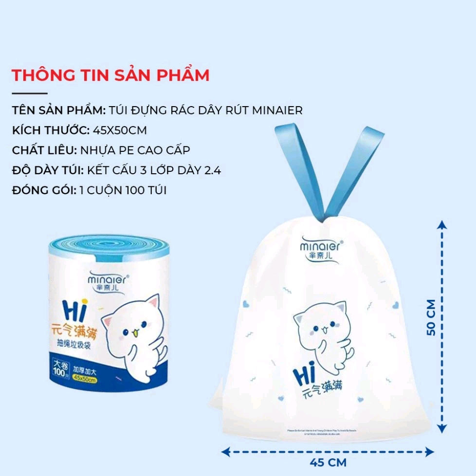 Túi Đựng Rác Dây Rút Minaier Chống Rò Rỉ Nước, Không Sợ Bẩn Tay | Túi Đựng Rác Cuộn 75 Túi Siêu Dai  KT 45*50cm