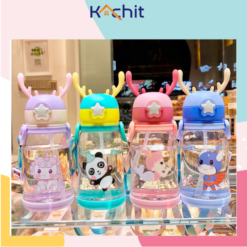 Bình nhựa cho bé sừng hưu 680ml kèm dây đeo ống hút tiện lợi dùng pha sữa, bình uống nước cho bé