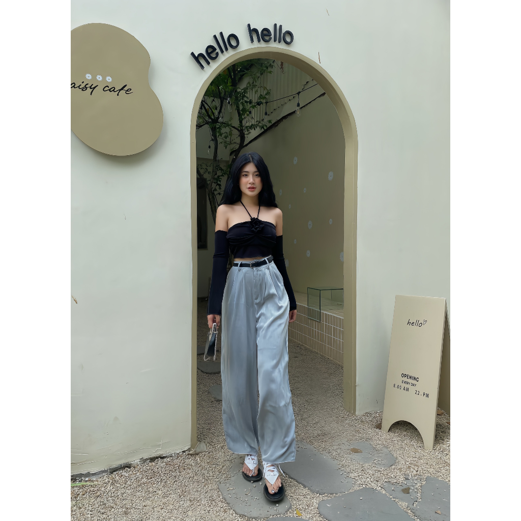 Quần Jeans Lụa lưng cao ống rộng tặng áo croptop có nơ ngực