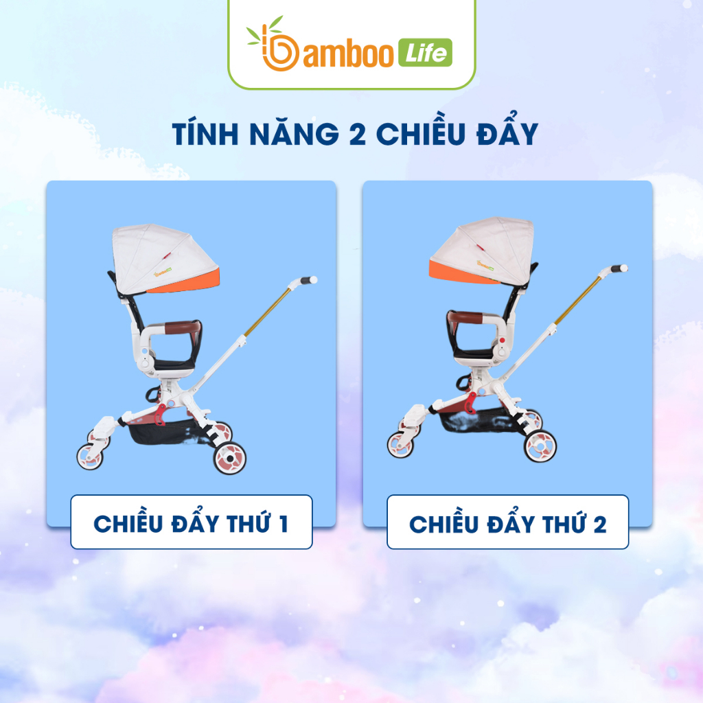 Xe đẩy gấp gọn cho bé Bamboo Life cao cấp 2 chiều, xe đẩy cho bé xoay 360 độ an toàn  đa năng tiện dụng cho mẹ