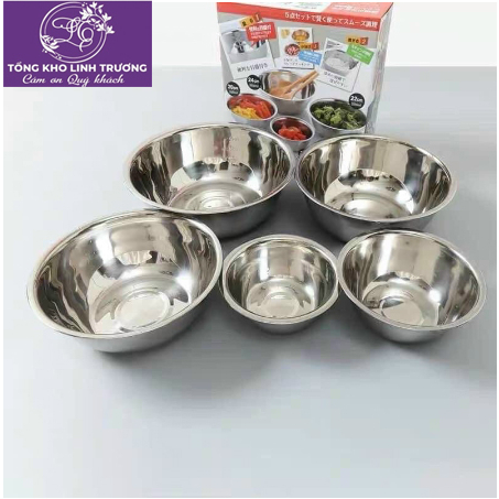 Bộ 5 bát trộn - Tô trộn - Âu trộn INOX 304 siêu đẹp size 14 -16 - 20 - 22 - 24 cm