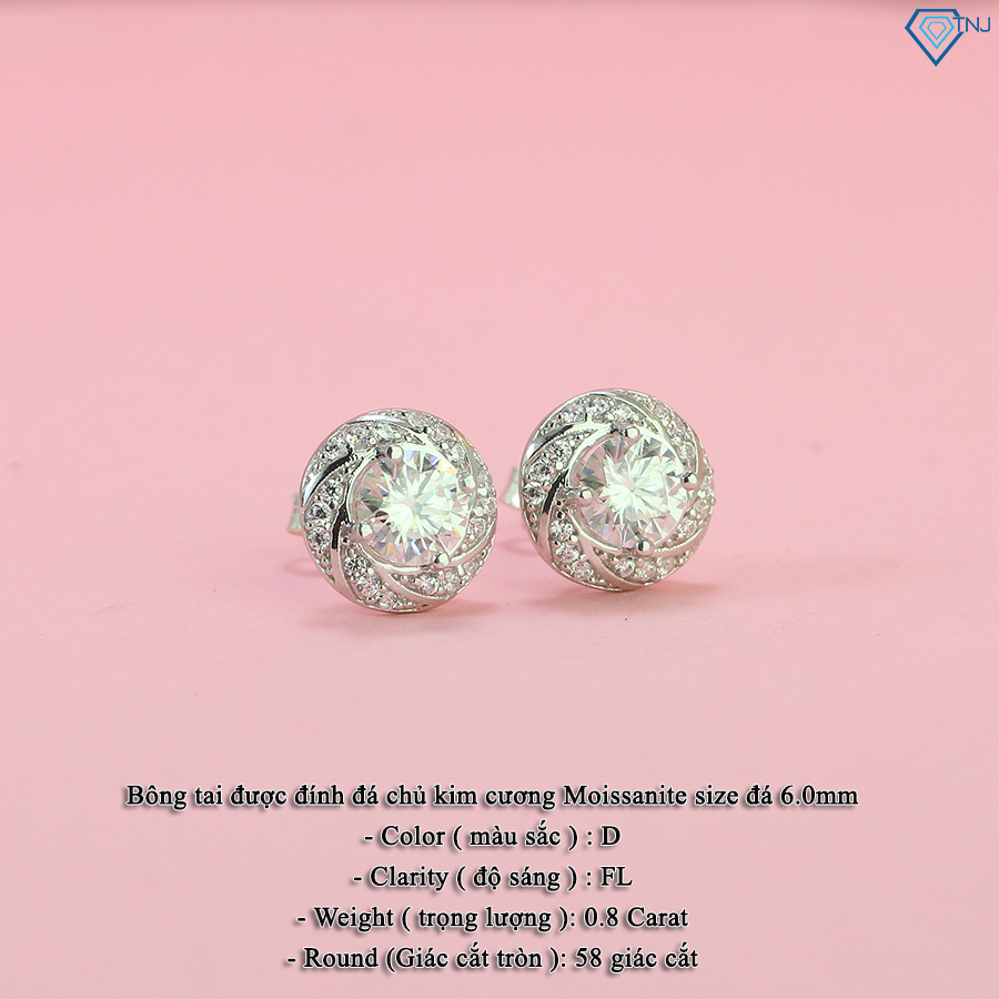 Khuyên tai nữ kim cương Moissanite loại 6ly xi bạch kim kiểm định GRA cao cấp lấp lánh BTNM0002 - Trang Sức TNJ