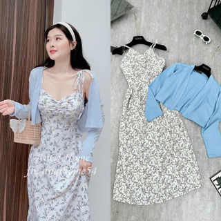 Đầm váy nữ lụa hoa nhí dây chạy mocking ngực kèm áo khoác lụa gân siêu xinh
