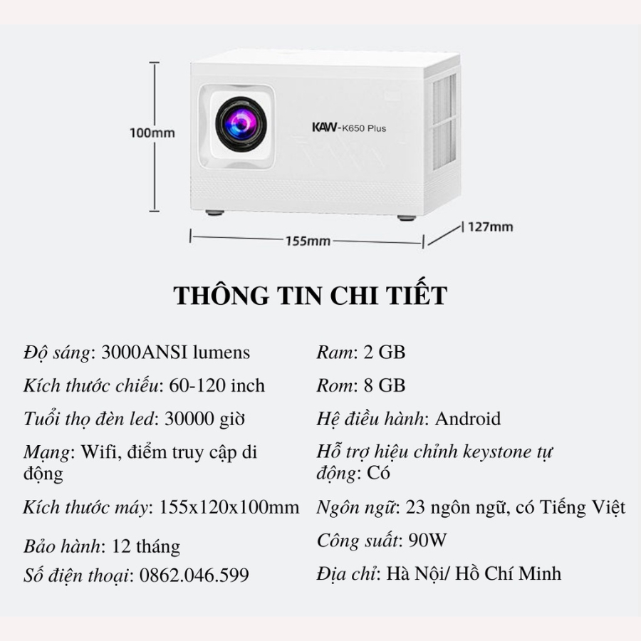 Máy Chiếu Mini Xem Phim Tại Nhà KAW K650-plus Kết Nối Điện Thoại, Laptop Hình Ảnh Full HD 1080P KAW VIETNAM