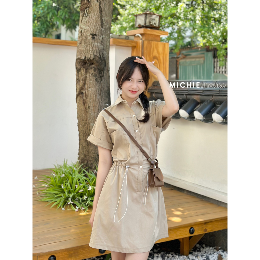 Váy sơ mi cổ bẻ dây rút chun eo michie.house tay gập dáng ngắn xinh nhẹ nhàng - V135