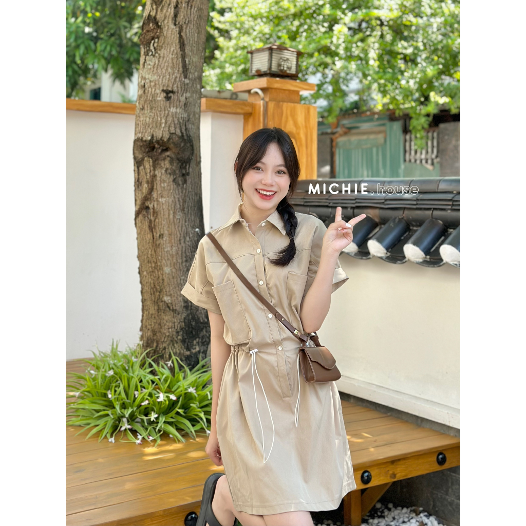 Váy sơ mi cổ bẻ dây rút chun eo michie.house tay gập dáng ngắn xinh nhẹ nhàng - V135