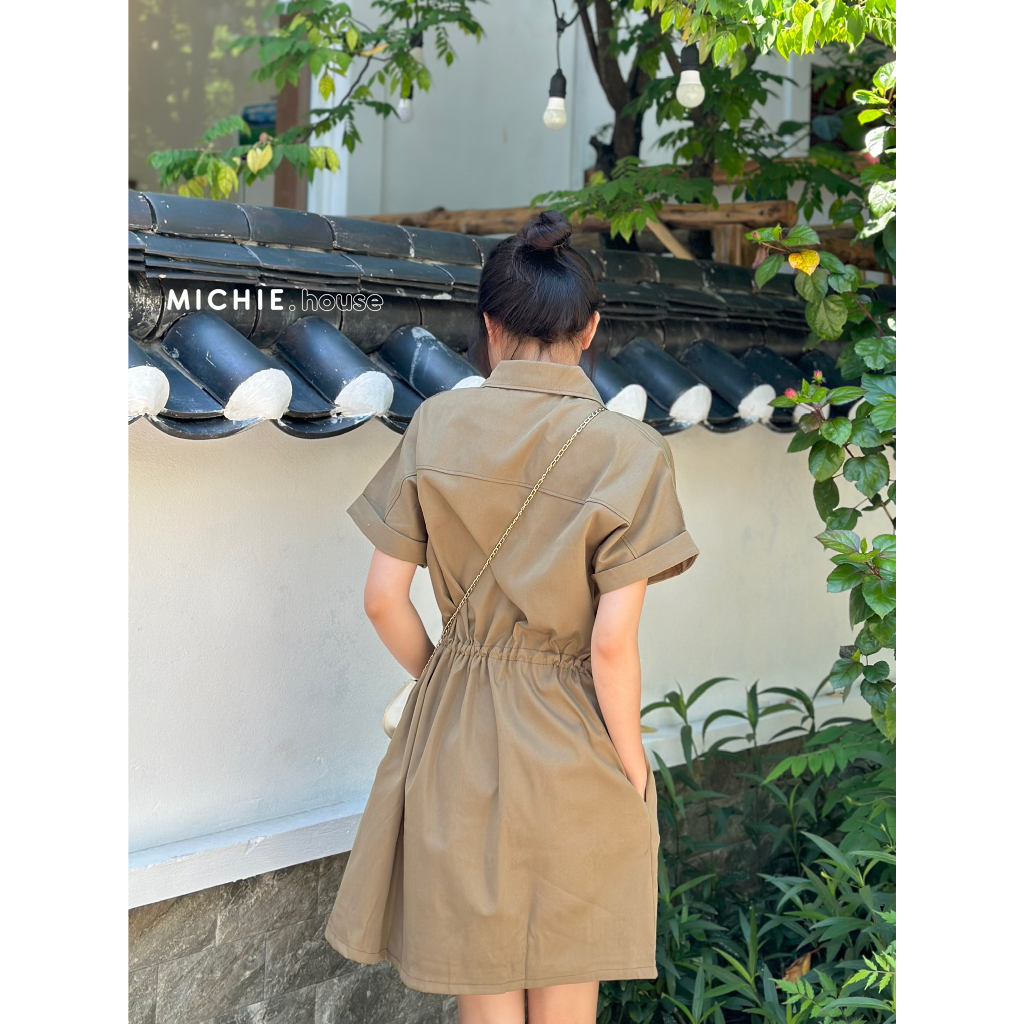 Váy sơ mi cổ bẻ dây rút chun eo michie.house tay gập dáng ngắn xinh nhẹ nhàng - V135