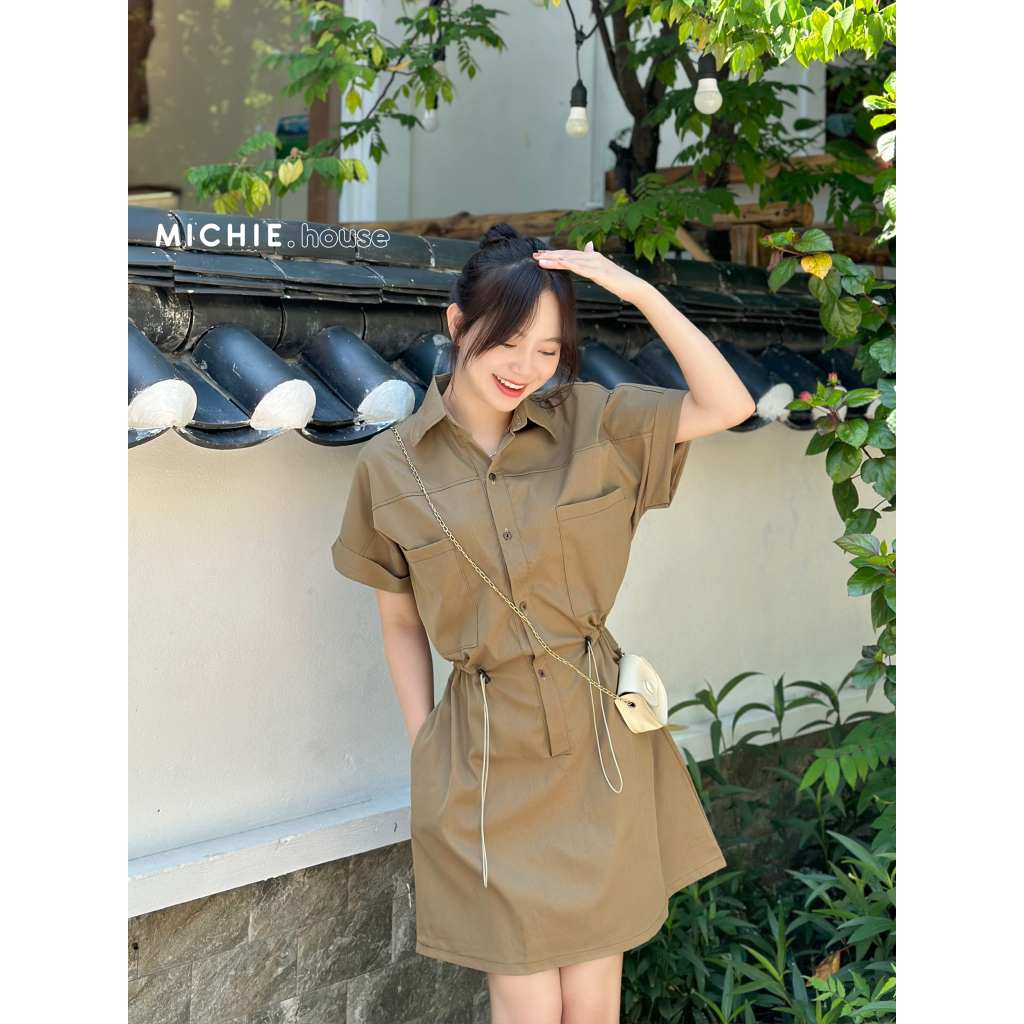 Váy sơ mi cổ bẻ dây rút chun eo michie.house tay gập dáng ngắn xinh nhẹ nhàng - V135