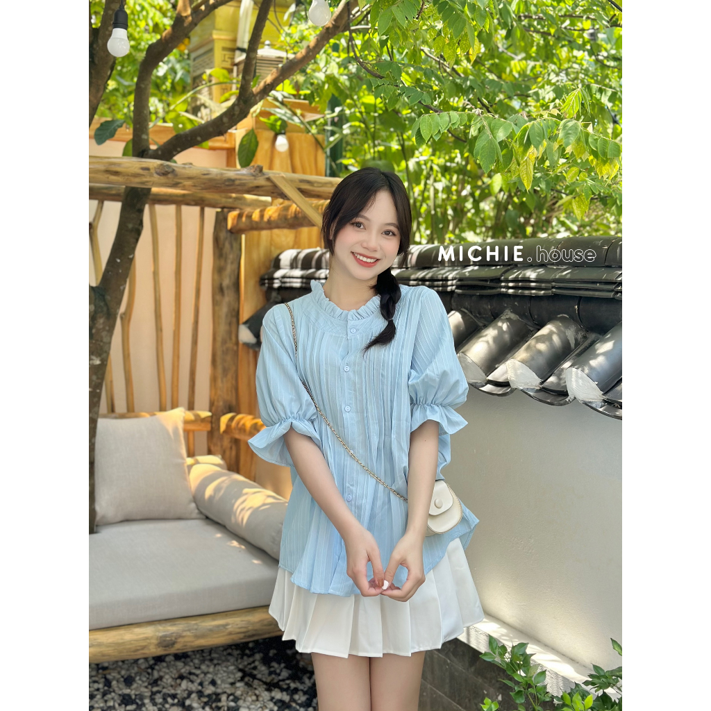 Áo sơ mi nữ kiểu cổ trụ xếp ly michie.house tay bèo lửng đi học, đi làm dễ thương - A309