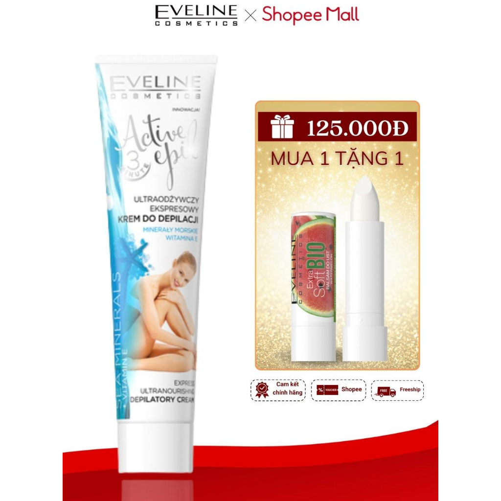 Combo Kem tẩy lông Eveline Active Depil chiết xuất khoáng chất biển 125ML Tặng Son Dưỡng Eveline Hương Dưa Hấu 4g