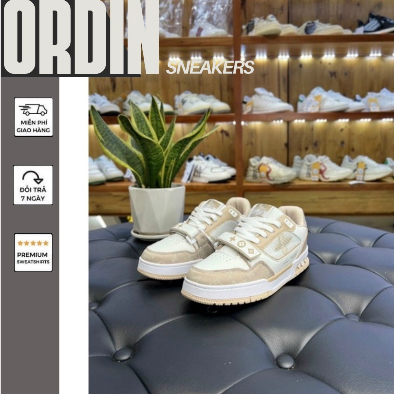 GIÀY LV TRAINER TRẮNG KEM NÂU QUAI DÁN LAI AU SC