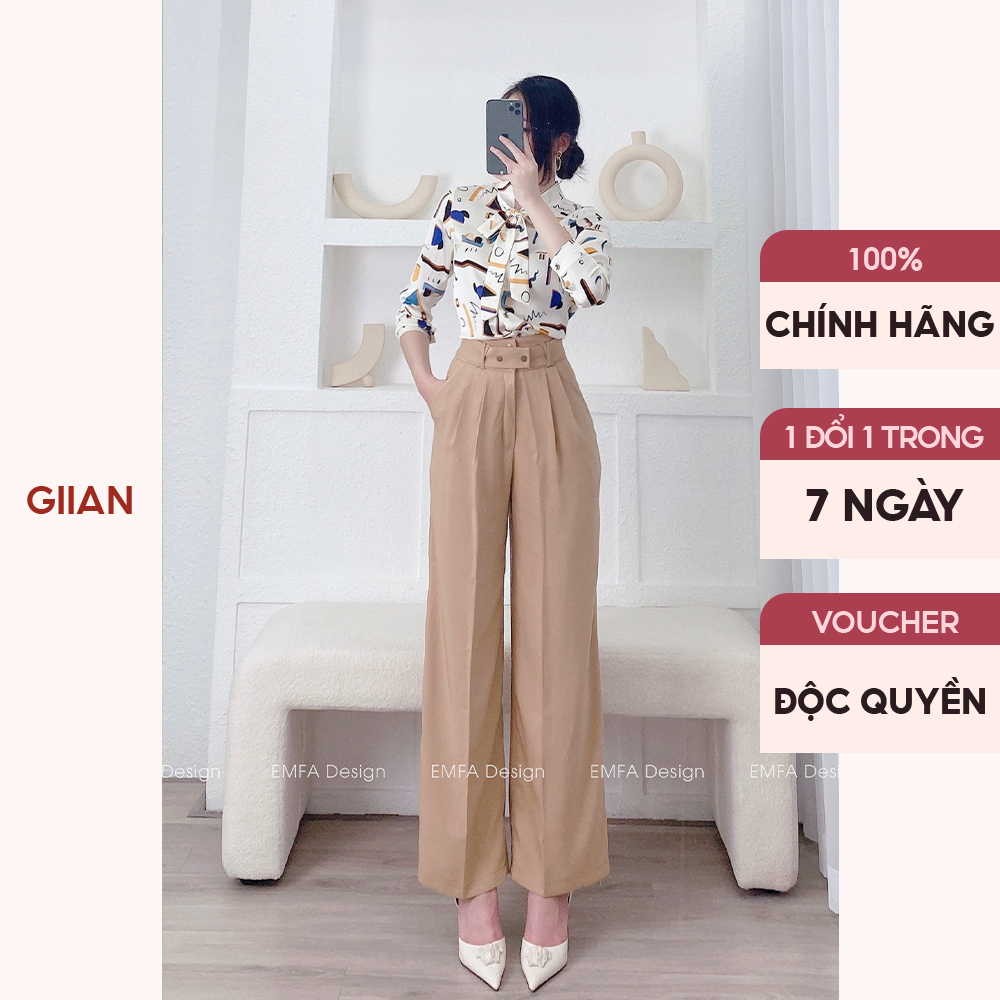 Quần dài nữ dáng suông lưng cao chiết ly phối đai chính hãng Giian - TQ04