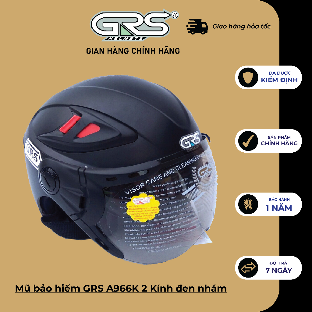 Mũ bảo hiểm GRS A966K 2 Kính – Vệ sĩ chống tia cực tím (màu đen nhám)