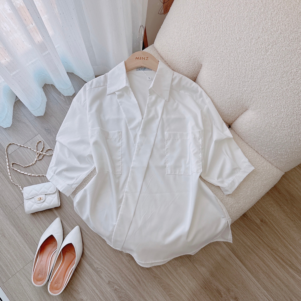 Áo Sơ Mi Vạt Lệch MINZ STORE Mã 2044, Thiết Kế Tay Lửng Phong Cách Công Sở