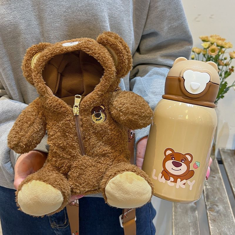 HÀNG CÓ SẴN Bình nước giữ nhiệt Losto gấu dâu 450ml tặng kèm túi gấu lông