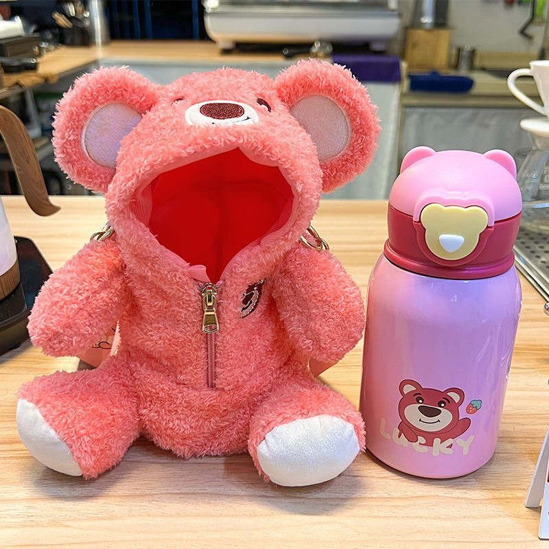 HÀNG CÓ SẴN Bình nước giữ nhiệt Losto gấu dâu 450ml tặng kèm túi gấu lông