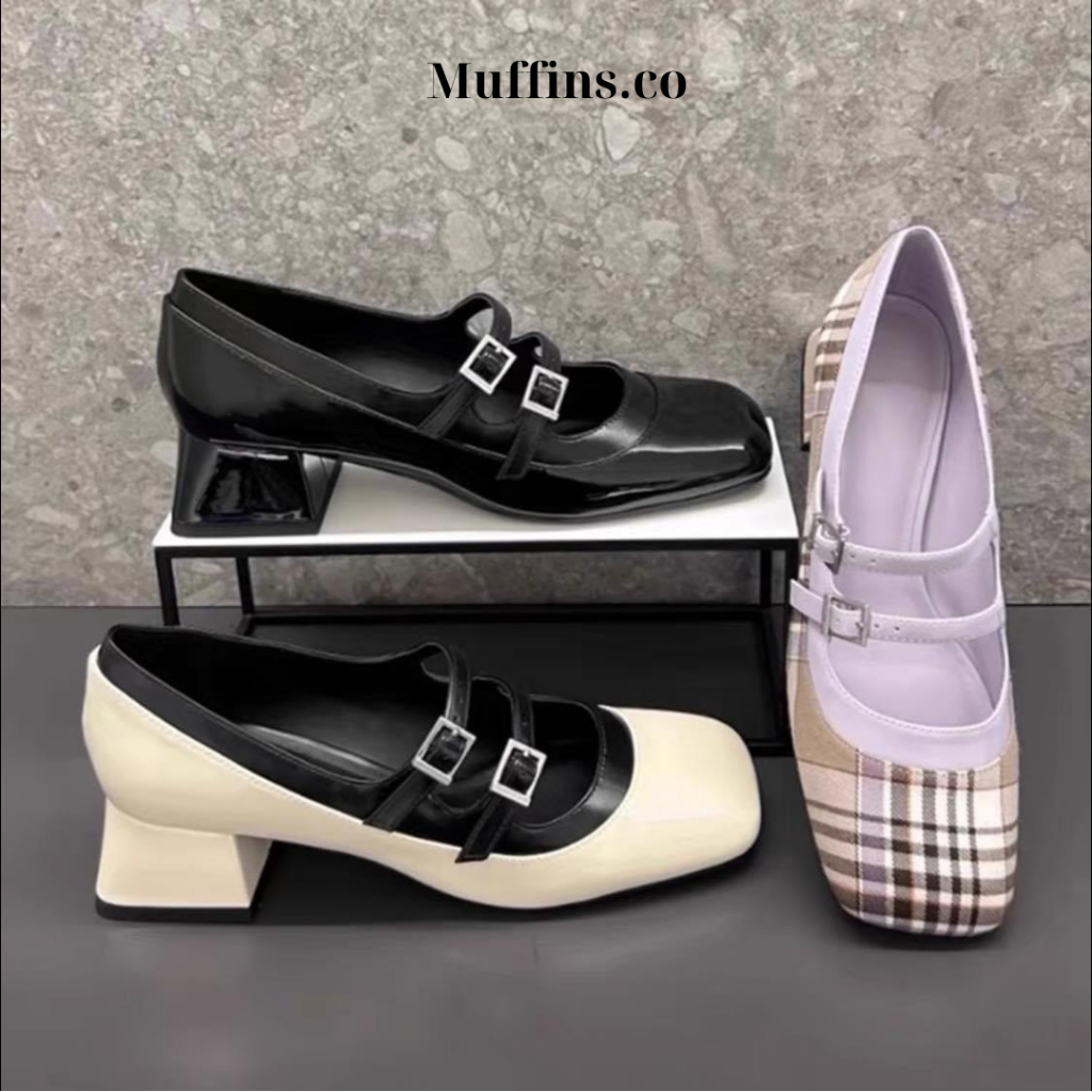 Giày Mary Jane hai dây ngang đế cao 4.5cm phong cách retro 2023