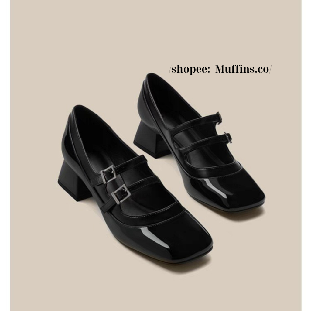 Giày Mary Jane hai dây ngang đế cao 4.5cm phong cách retro 2023