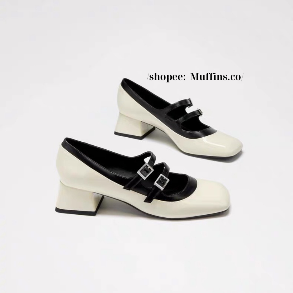 Giày Mary Jane hai dây ngang đế cao 4.5cm phong cách retro 2023