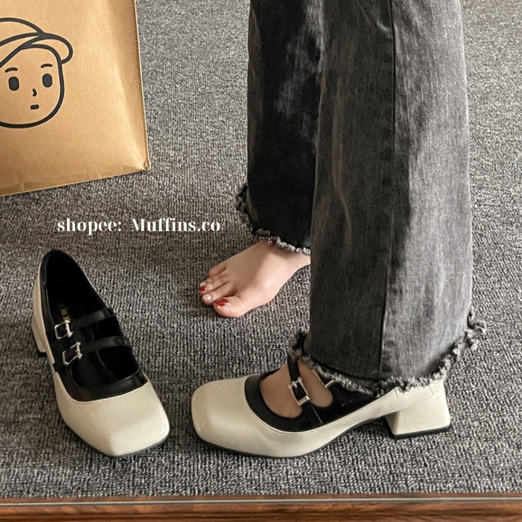 Giày Mary Jane hai dây ngang đế cao 4.5cm phong cách retro 2023