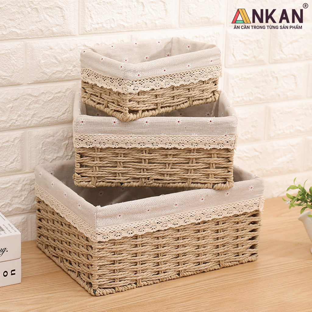 Giỏ Đựng Đồ, Đựng Mỹ Phẩm, Đựng Đồ Ăn Vặt Để Bàn, Decor Chụp Ảnh Sản Phẩm Lót Vải Vintage (Giỏ Mây Mềm)