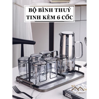 Bộ Bình Thuỷ Tinh 2000ML Kèm 6 Cốc Chịu Nhiệt 120 Độ Màu Đen Khói Thiết Kế Sang Trọng