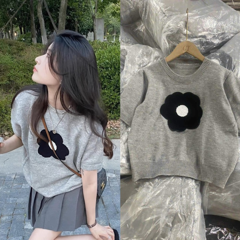 Áo len xám dệt bông hoa