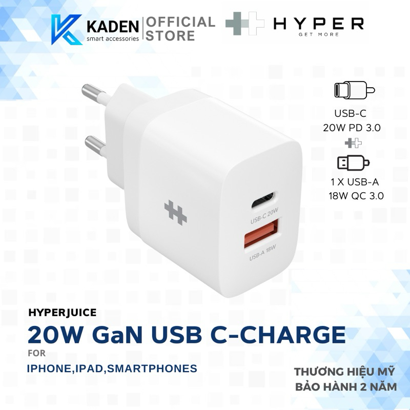 Cốc sạc HyperJuice 20W Charger 1USB 1Type-C HJ205EU - Hàng chính hãng