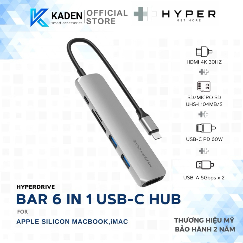 Cổng Chuyển Hyperdrive Bar 6 In 1 Usb-C Hub For Macbook, Surface, Pc & Devices HD22E-Hàng Chính Hãng